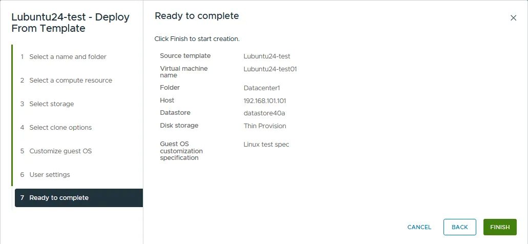 Checking the summary and finalizing the deployment of a VM from a template