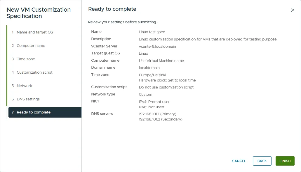 Checking the summary of settings used for a guest OS customization specification