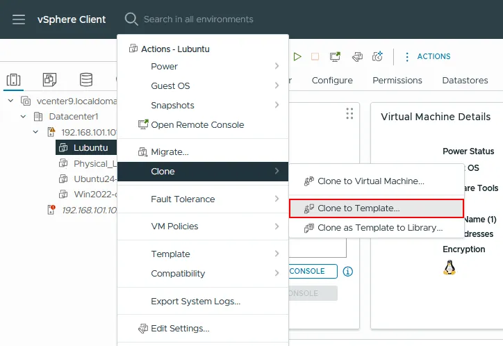 Cloning a VM to a template in vCenter