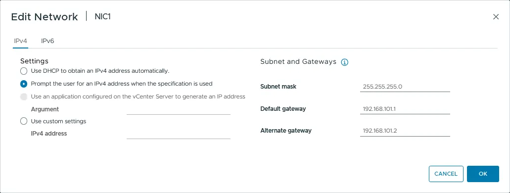 Configuring IPv4 settings for a virtual NIC