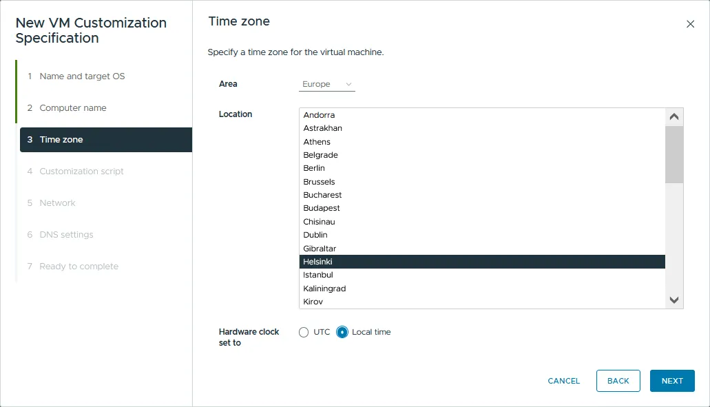 Configuring the time zone for the VM