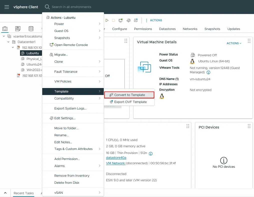 Converting a VM to a template in vCenter