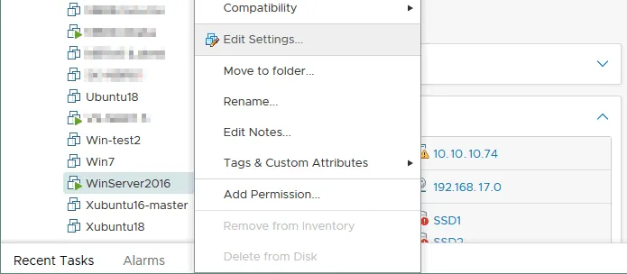 Editing the settings of the healthy VM