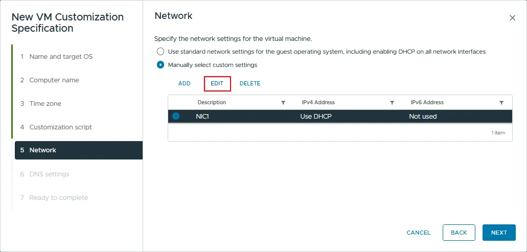 Editing virtual NIC settings