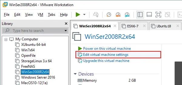 Editing VM settings in VMware Workstation