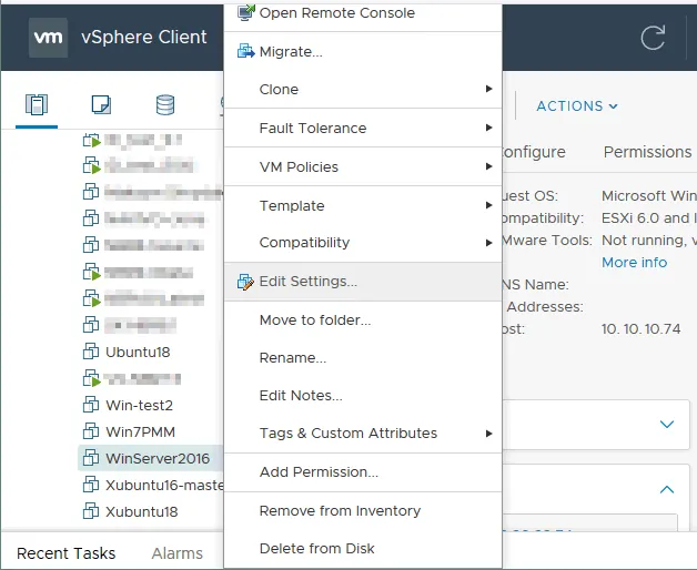 Editing VM settings