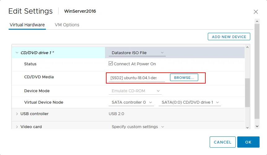 Inserting a bootable ISO image into a virtual optical drive