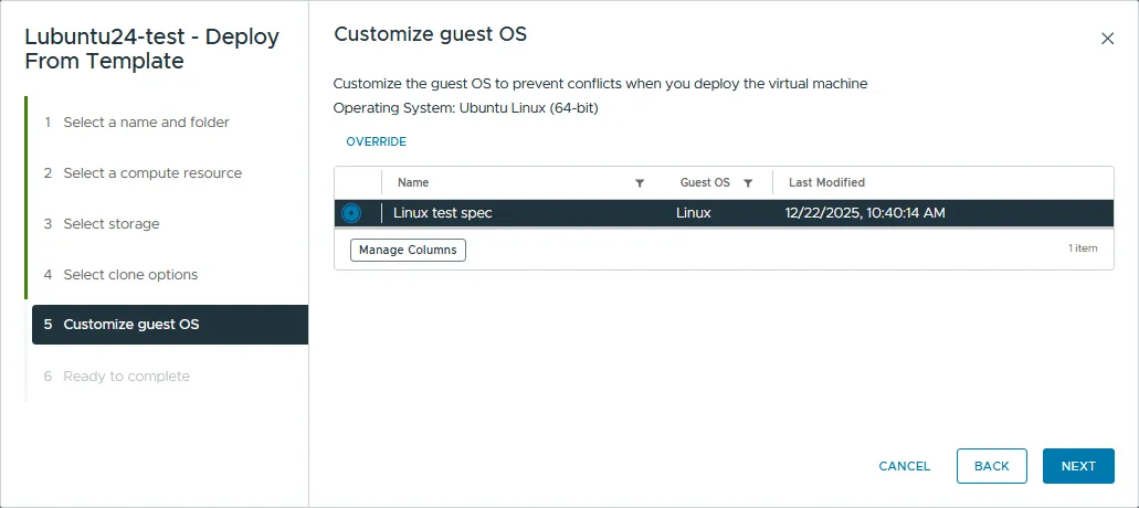 Selecting a guest OS customization specification
