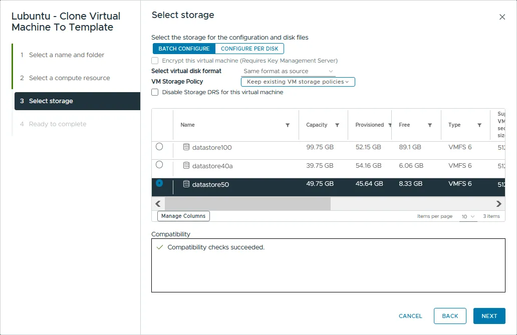 Selecting a storage location for the VM template files