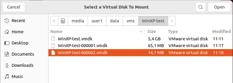 Selecting a vmdk file to mount