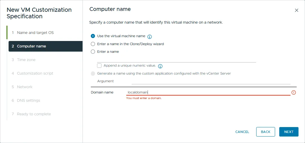 Setting the computer name and domain name
