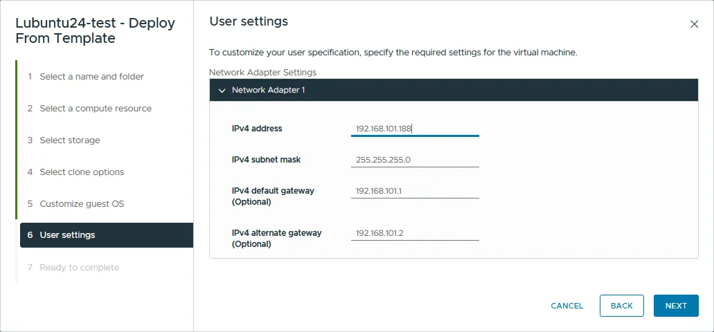 Setting the IP address for a VM clone