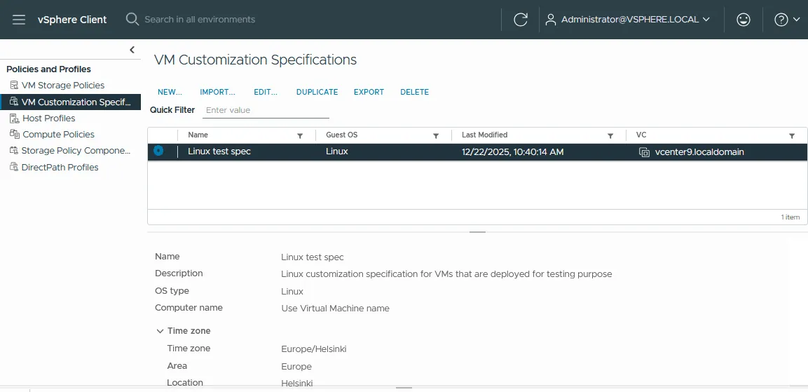 Viewing the list of VM customization specifications