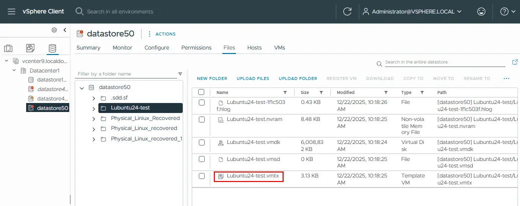 Viewing VMware VM template files on the datastore