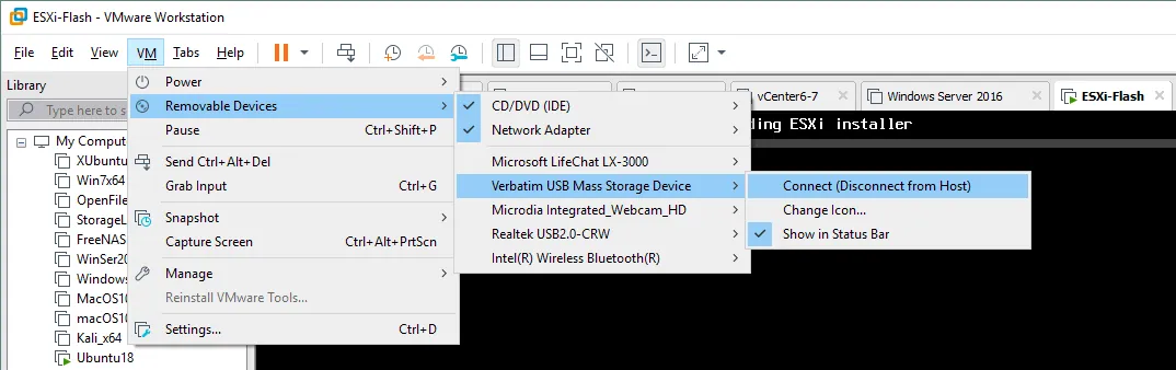 Connect the USB flash drive to the VM