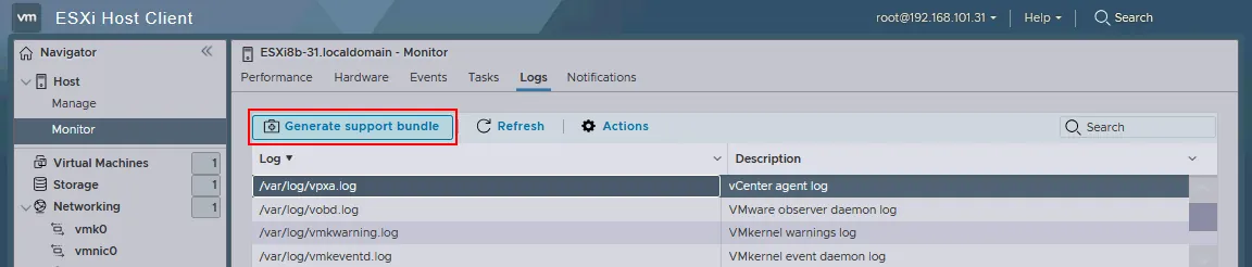 Generating a support bundle in VMware Host Client