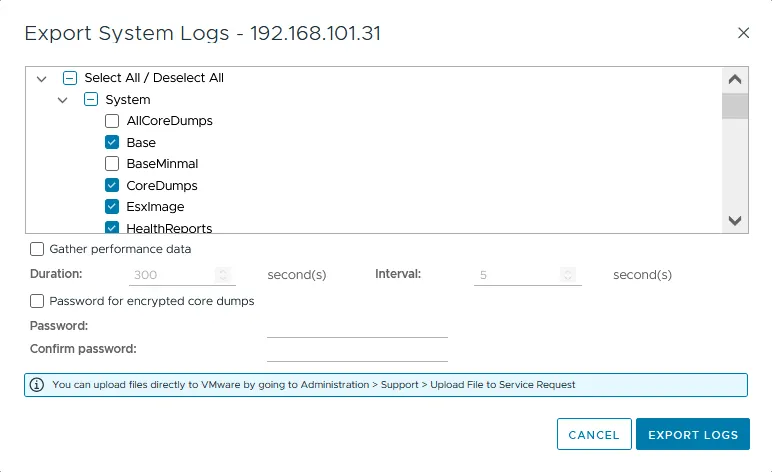 Selecting logs to export