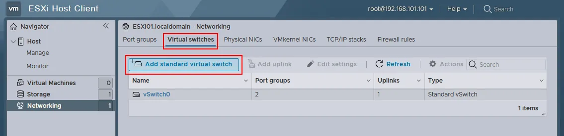 Adding a new virtual switch on VMware ESXi host