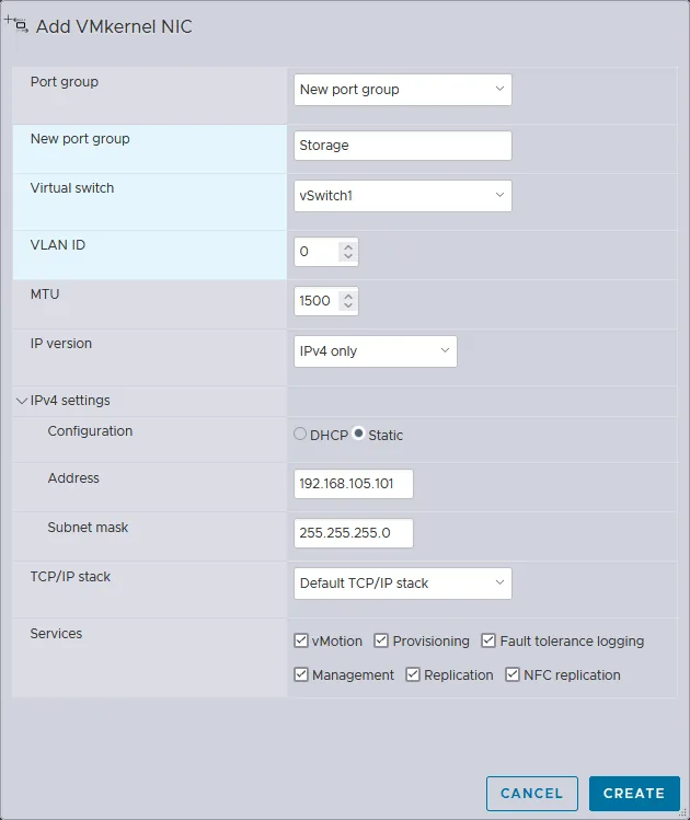 Configuring options for a new VMkernel NIC