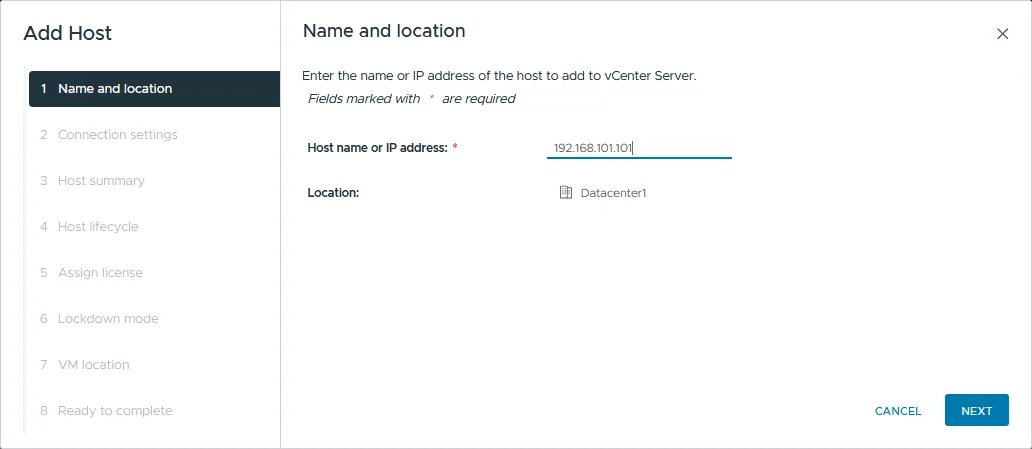 Entering the name and location of an ESXi host