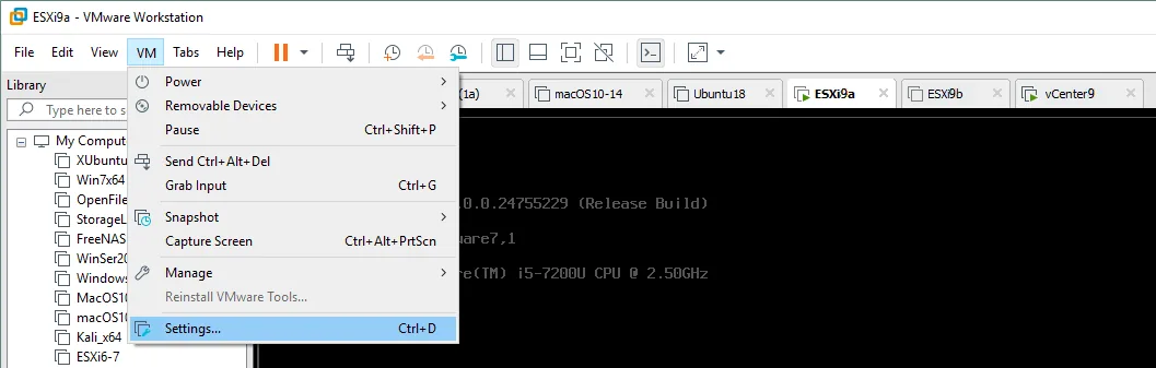 Opening virtual machine settings in VMware Workstation