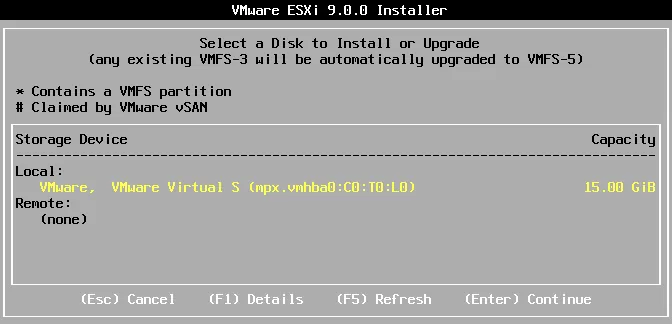 Selecting a disk to install ESXi