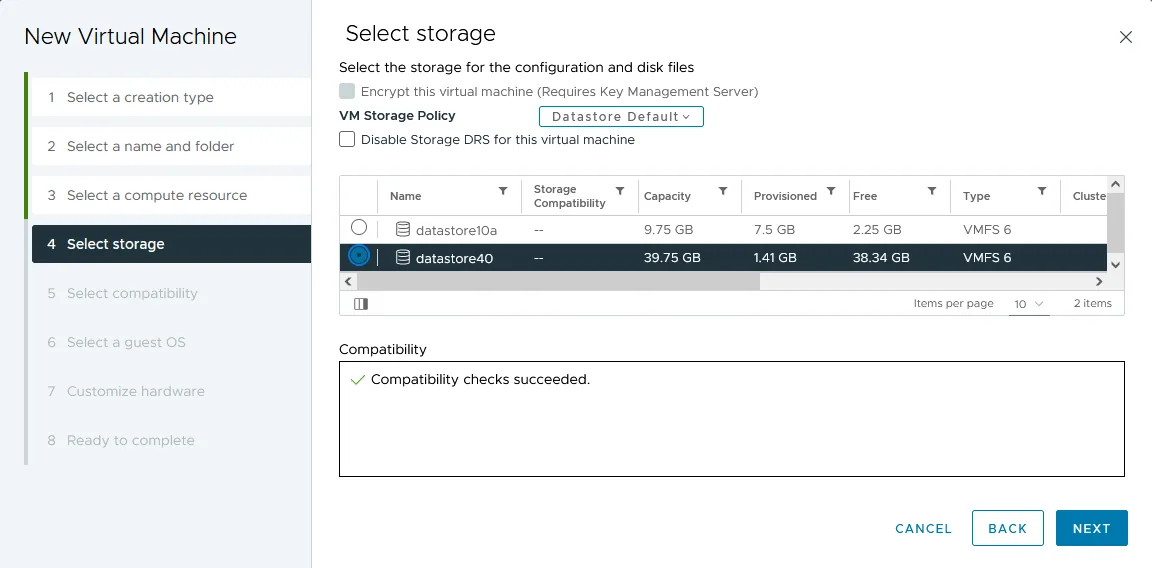Selecting the storage for VM files
