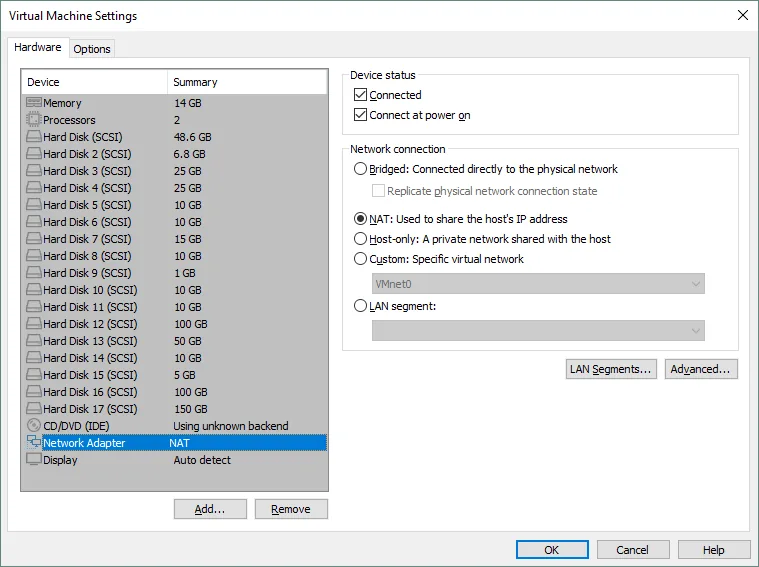 vCenter Server must be connected to the NAT virtual network
