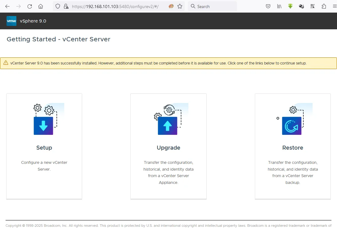 VMware vCenter 9 setup in the web interface – stage 1