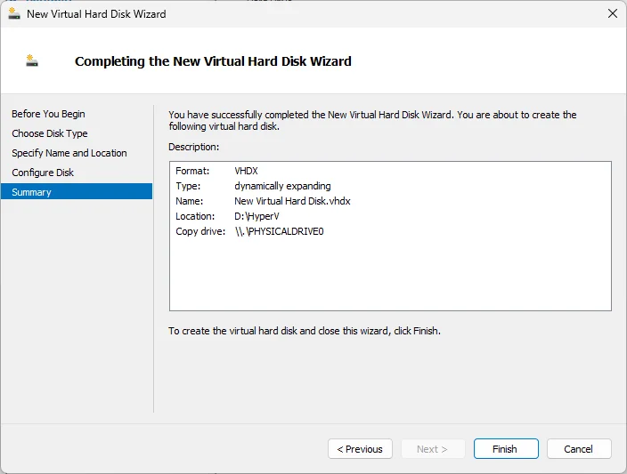Finishing the New Virtual Hard Disk wizard