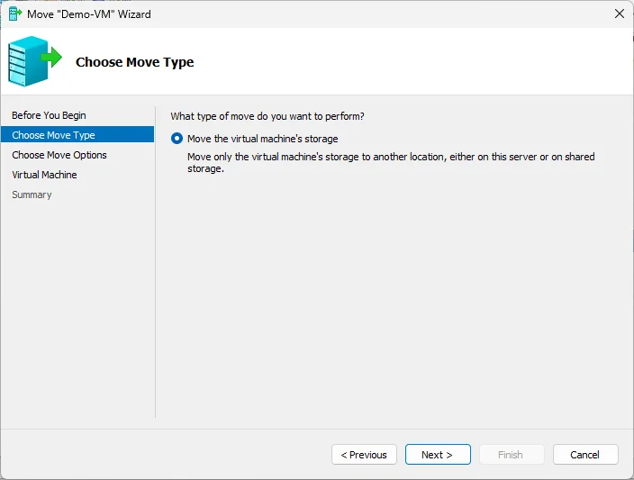 Selecting Move for the recovered VM