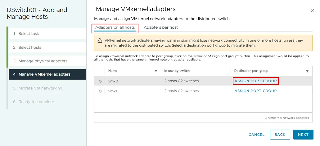 Assigning a port group to a VMkernel adapter