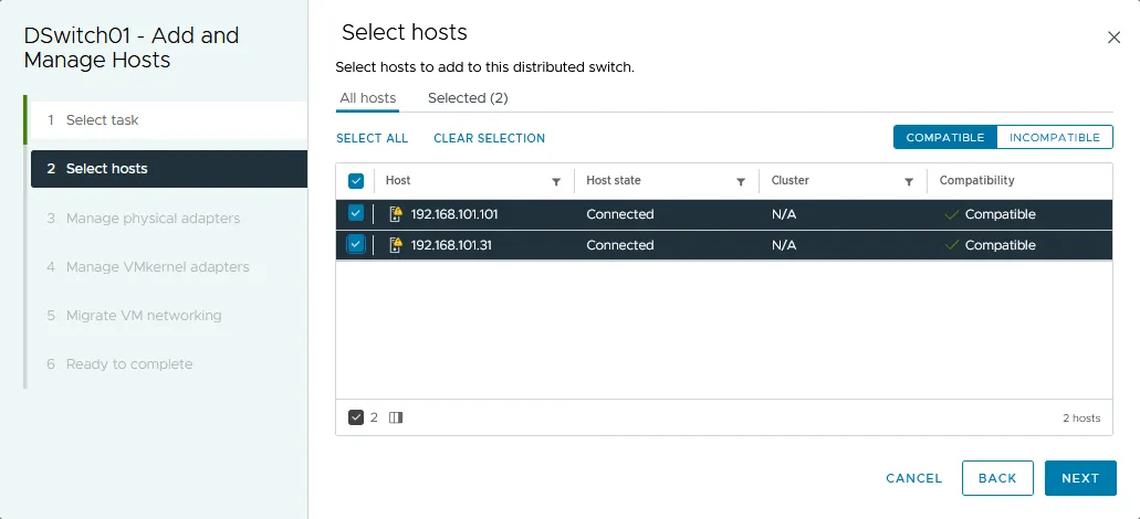 Selecting ESXi hosts to add