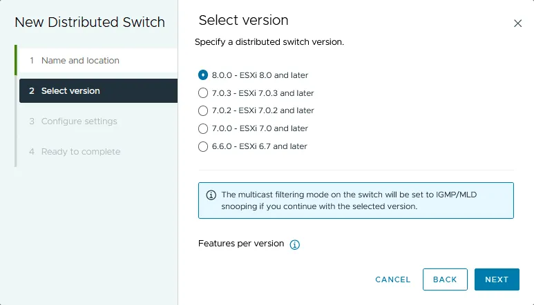 Selecting the distributed switch version